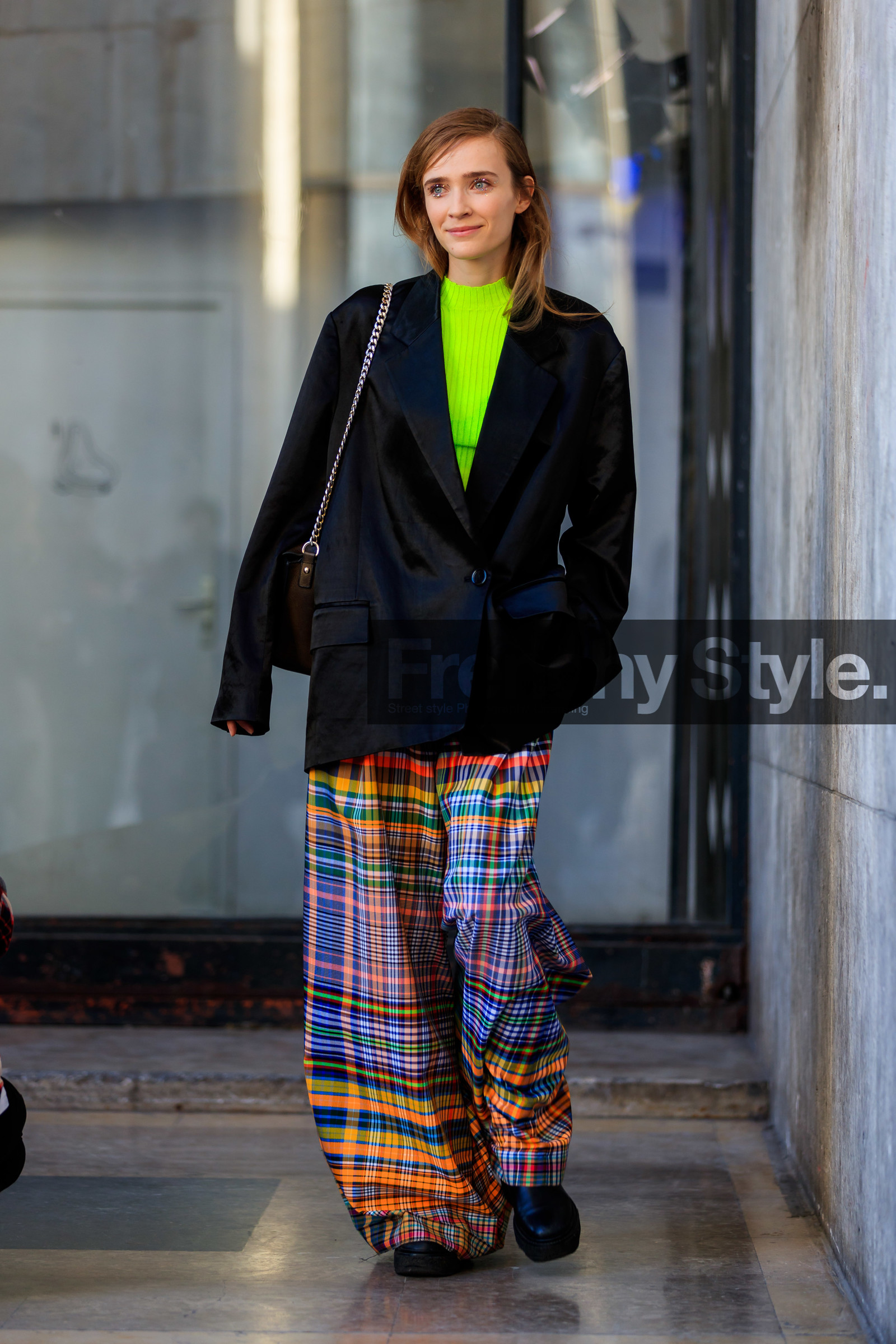 black jacket, black shoes, blazer, checked, geometric, graphic skirt, green sweater, leather bag, leather shoes, model, multicolor pants, neon, plaid, printed skirt, striped pants, wide pants, PARIS, PFW, street style, jonathan paciullo, FW, frenchystyle, fashion week, AUTUMN WINTER 2019-2020, AW 19-20, FALL WINTER 2019-2020, FW 19-20, vertical, full length