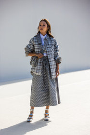 babies, checked shirt, crossbody bag, dior logo, dior look, grey bag, grey shirt, grey skirt, logo bag, logo print, long skirt, print, printed bag, printed skirt, shirt, silver babies, silver sandals, silver shoes, skirt, white shirt, street style, jonathan paciullo, FW, frenchystyle, fashion week, PFW, PARIS, SPRING SUMMER 2022, SS 22, vertical, full length