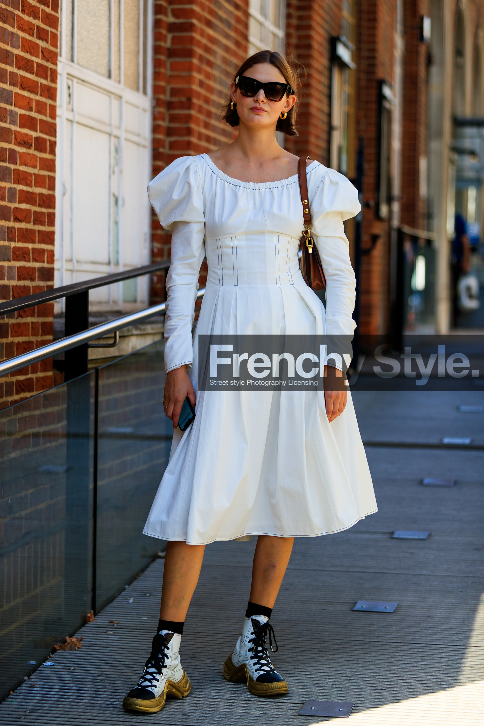 victoria sekrier, white dress, mid long dress, balloon sleeves, brown scale sunglasses, celine sunglasses, hoop earrings, golden earrings, long sleeves dress, brown leather bag, louis vuitton boots, louis vuitton sneakers, high sneakers, laced shoes, white leather shoes, white leather sneakers, golden sole, fashion week, frenchystyle, FW, jonathan paciullo, street style, vertical, full length
