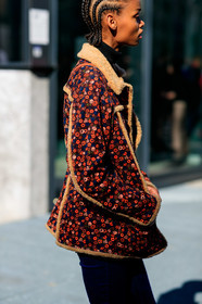 braids, floral, flowers, graphic jacket, model, printed jacket, red jacket, shearling, trousers, MILAN, MFW, fashion week, frenchystyle, FW, jonathan paciullo, street style, AUTUMN WINTER 2019-2020, AW 19-20, FALL WINTER 2019-2020, FW 19-20, vertical, atmosphere details, detail