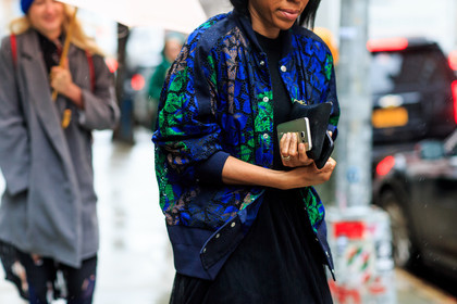 atmosphere details, AUTUMN WINTER 2016-2017, AW 16-17, black dress, blue jacket, bomber jacket, detail, fashion week, frenchystyle, FW, FW 16-17, horizontal, iphone, jonathan paciullo, lace, laser cut, NEW YORK, NYFW, see through, street style, woman