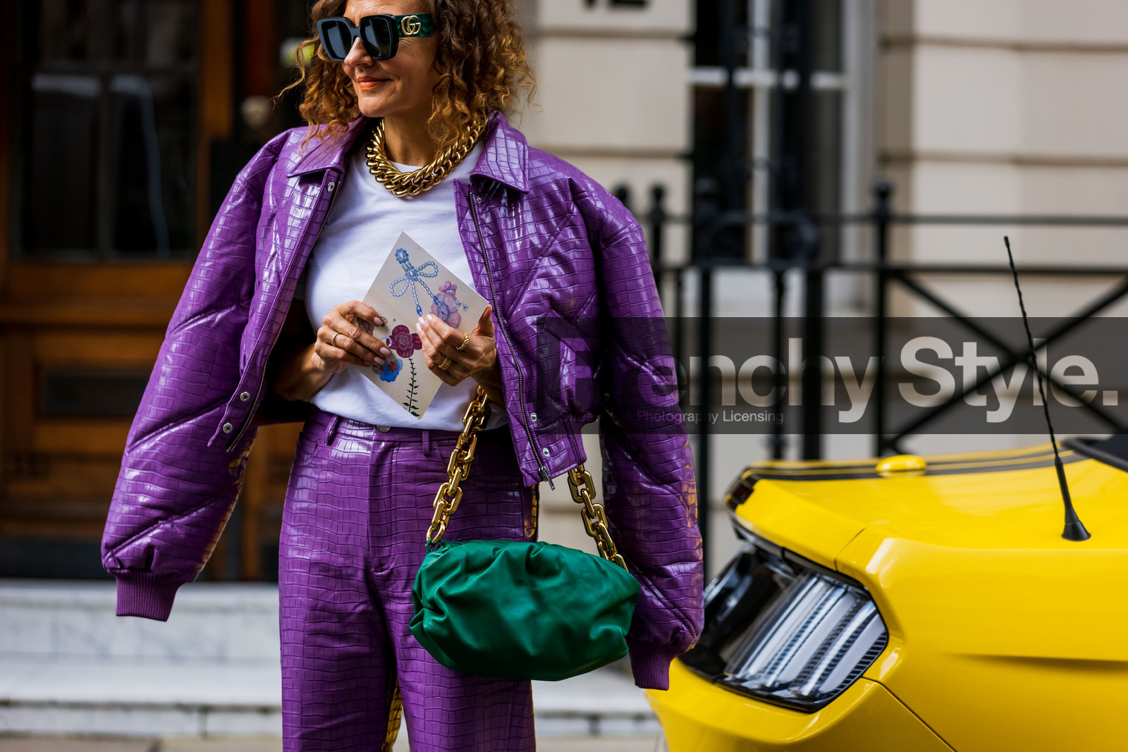 bomber jacket, purple, trousers, leather, handbag, green, jacket, white, tshirt, gucci, necklace, sunglasses, fashion week, frenchystyle, FW, jonathan paciullo, street style, SPRING SUMMER 2022, SS 22, LFW, LONDON, horizontal, atmosphere details, detail