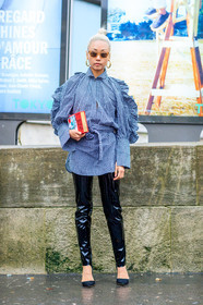 AUTUMN WINTER 2017-2018, AW 17-18, black pants, black shoes, checked shirt, FALL WINTER 2017-2018, fashion week, frenchystyle, full length, FW, FW 17-18, gingham, graphic shirt, high heels, jonathan paciullo, leather bag, leather pants, leather shoes, olympia le tan, PARIS, PFW, printed bag, printed shirt, red bag, street style, sunglasses, trousers, vanessa hong, vertical