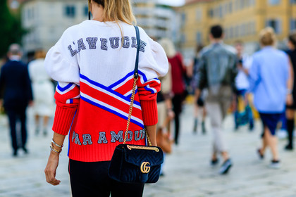 atmosphere details, back detail, black bag, bracelet, cartier, clou bracelet, detail, fashion week, frenchystyle, FW, graphic sweater, gucci, horizontal, jonathan paciullo, message, MFW, MILAN, printed sweater, red sweater, SPRING SUMMER 2017, SS 17, street style, striped sweater, trousers, velvet, white sweater