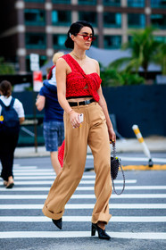 asymetric, beige pants, black bag, black belt, black shoes, bracelet, brittany xavier, crop top, graphic top, high heels, leather bag, leather shoes, necklace, polka dot, printed top, red top, sunglasses, tattoos, trousers, fashion week, frenchystyle, FW, jonathan paciullo, street style, NYFW, NEW YORK, SPRING SUMMER 2019, SS 19, vertical, full length