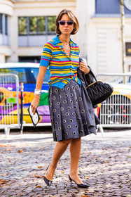 bag, black bag, black heels, blue polo, bracelet, color, grey skirt, heels, lila sunglasses, miu miu look, Natasha Goldenberg, pleated skirt, polo, quilted bag, silver bracelet, skirt, statement skirt, stripes, sunglasses, yellow polo, fashion week, frenchystyle, FW, jonathan paciullo, street style, PFW, PARIS, SPRING SUMMER 2022, SS 22, vertical, full length