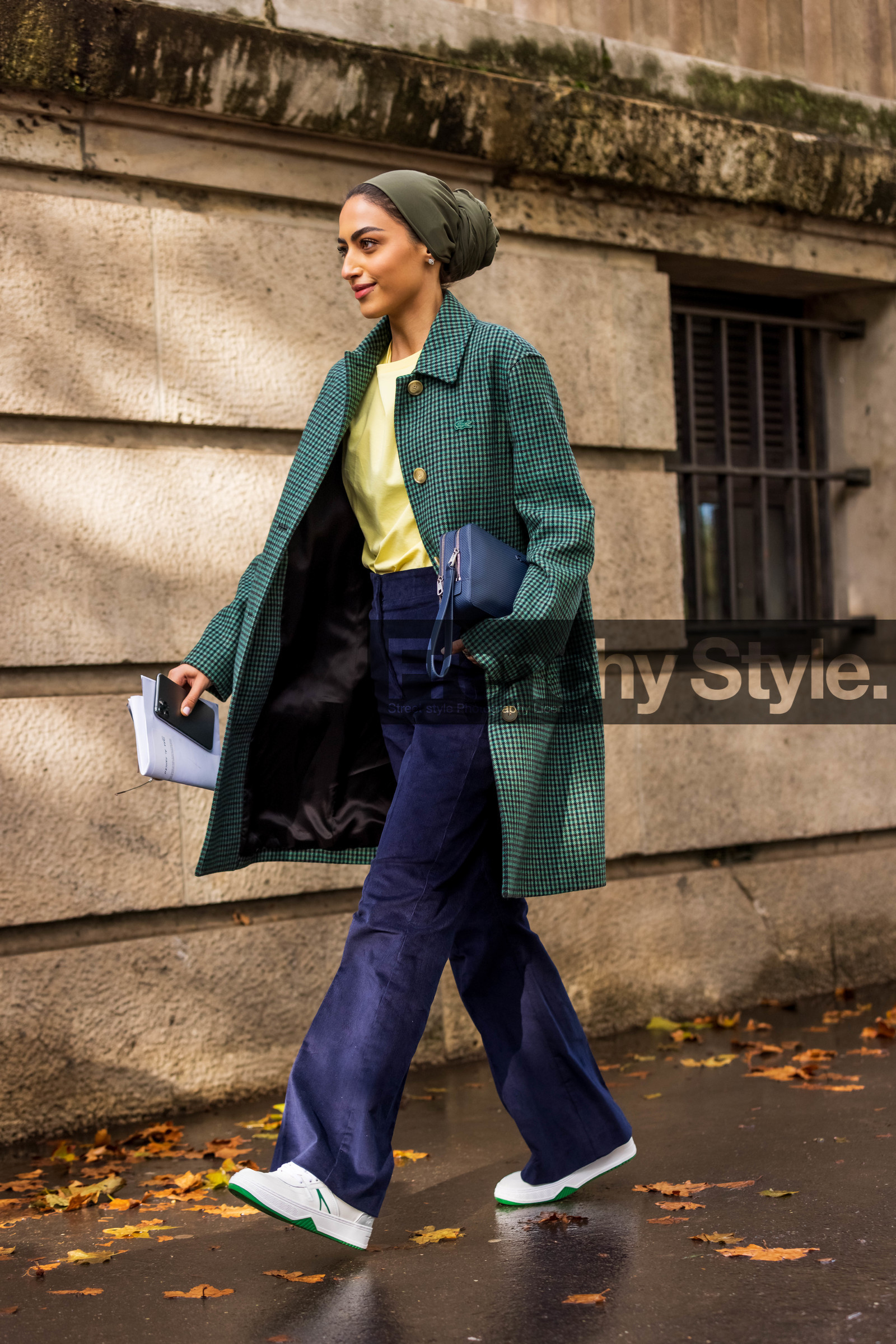bag, blue bag, check, checked coat, coat, flare pants, green coat, hairstyle, head scarf, khaki scarf, lacoste look, navy pants, pants, print, sneakers, velvet pants, white sneakers, Yara Alnamiah, yellow t-shirt, lacoste, fashion week, frenchystyle, FW, jonathan paciullo, street style, PFW, PARIS, SPRING SUMMER 2022, SS 22, vertical, full length