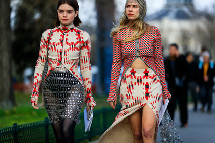 courtney trop, graphic skirt, graphic sweater, hood, leather bag, metallic bag, metallic skirt, molly and reese blustein, paco rabanne, printed skirt, printed sweater, red sweater, silver bag, silver skirt, tights, white skirt, white sweater, PARIS, PFW, street style, jonathan paciullo, FW, frenchystyle, fashion week, AUTUMN WINTER 2019-2020, AW 19-20, FALL WINTER 2019-2020, FW 19-20, horizontal, atmosphere details, detail