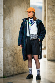 orange cap, blue tie, white vest, sleeveless vest, short, crossbody bag, dior bag, plaid coat, green coat, scout girl look, dior socks, black derbies, fashion week, frenchystyle, FW, jonathan paciullo, street style, AUTUMN WINTER 2022-2023, FALL WINTER 2022_2023, FW 22-23, PFW, PARIS, vertical, full length