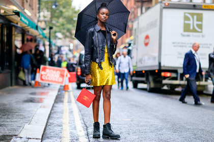 atmosphere details, black boots, black jacket, black perfecto, fashion week, frenchystyle, full length, FW, glitter, horizontal, jonathan paciullo, leather jacket, leather perfecto, leather shoes, LFW, LONDON, sequined dress, shiny dress, SPRING SUMMER 2017, SS 17, street style, umbrella, woman, yellow dress