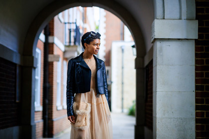 atmosphere details, black jacket, black perfecto, blazer, detail, fashion week, frenchystyle, FW, horizontal, jonathan paciullo, leather jacket, leather perfecto, LFW, LONDON, nude dress, see through, selah marley, SPRING SUMMER 2018, SS 18, street style