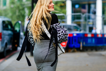 atmosphere details, black and white, black top, checked skirt, detail, fashion week, frenchystyle, FW, gingham, graphic skirt, high waist, horizontal, jonathan paciullo, kate foley, leather bag, LFW, LONDON, oversize, plaid, prada, printed skirt, printed top, SPRING SUMMER 2017, SS 17, street style, white bag, woman