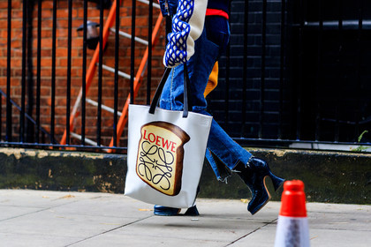 atmosphere details, black shoes, blue denim, blue jacket, bomber jacket, denim pants, detail, fashion week, frenchystyle, FW, graphic jacket, high heels, hoodie, horizontal, jeans, jonathan paciullo, leather bag, leather shoes, LFW, loewe, LONDON, plaid, printed bag, printed jacket, red sweater, SPRING SUMMER 2018, SS 18, street style, Tiffany Hsu, trousers, white bag, zip