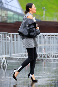 AUTUMN WINTER 2017-2018, AW 17-18, black and white, black jacket, black pants, black perfecto, black shoes, FALL WINTER 2017-2018, fashion week, frenchystyle, full length, FW, FW 17-18, gingham, graphic dress, high heels, jonathan paciullo, leather jacket, leather perfecto, leather shoes, paco rabanne, PARIS, PFW, printed dress, stir pants, street style, tina leung, trousers, vertical