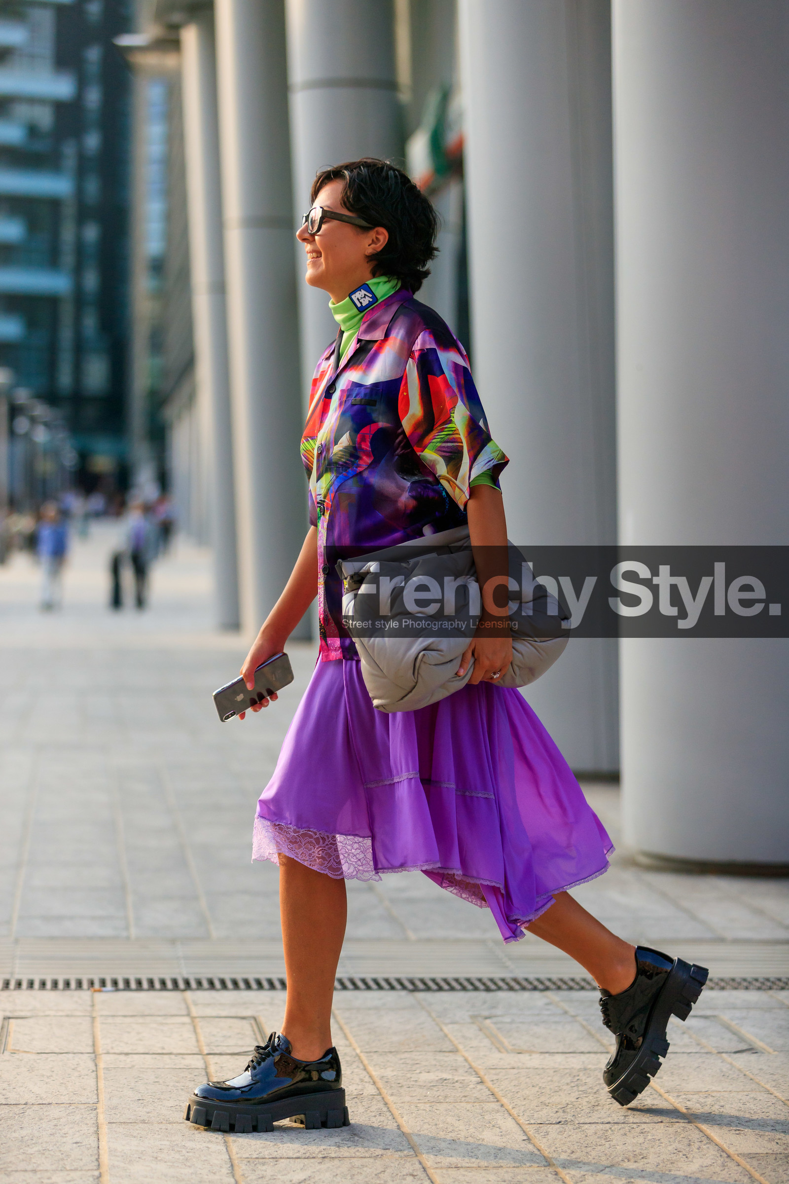 purple skirt, purple shirt, lilac skirt, lace shirt, short sleeves shirt, multicolor shirt, prada shoes, prada shirt, prada top, turtleneck top, neon green top, mid long skirt, margiela bag, quilted bag, light grey leather bag, black shoes, polish shoes, laced shoes, big sole shoes, fashion week, frenchystyle, FW, jonathan paciullo, street style, MFW, MILAN, SPRING SUMMER 2020, SS 20