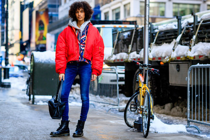 atmosphere details, AUTUMN WINTER 2017-2018, AW 17-18, black bag, black boots, blue denim, denim pants, detail, dr martens, FALL WINTER 2017-2018, fashion week, frenchystyle, FW, FW 17-18, graphic jacket, grey sweater, hoodie, horizontal, jeans, jonathan paciullo, leather bag, leather boots, loewe, model, NEW YORK, NYFW, printed jacket, red jacket, street style, trousers