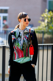 black pants, chanel handbag, graphic jacket, leather bag, model, multicolor jacket, ponytail, printed jacket, red bag, sunglasses, trousers, wet hair, MILAN, MFW, fashion week, frenchystyle, FW, jonathan paciullo, street style, AUTUMN WINTER 2019-2020, AW 19-20, FALL WINTER 2019-2020, FW 19-20, vertical, atmosphere details, detail