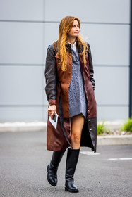 black boots, boots, brown coat, coat, dress, Eugénie Trochu, grey dress, knitted dress, leather coat, patchwork, wool dress, PARIS, PFW, fashion week, frenchystyle, FW, jonathan paciullo, street style, SPRING SUMMER 2022, SS 22, vertical, full length