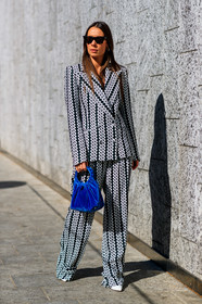 alice & j.s, black and white, blazer, blue bag, graphic jacket, graphic pants, graphic suit, leather bag, leather shoes, printed jacket, printed pants, printed suit, sunglasses, trousers, velvet, MILAN, MFW, fashion week, frenchystyle, FW, jonathan paciullo, street style, AUTUMN WINTER 2019-2020, AW 19-20, FALL WINTER 2019-2020, FW 19-20, vertical, full length