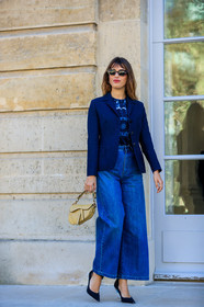 black shoes, blazer, blue denim, blue t shirt, christian dior, denim pants, high heels, jeanne damas, jeans, leather bag, leather shoes, navy jacket, red lips, saddle bag, sunglasses, trousers, yellow bag, PARIS, PFW, street style, jonathan paciullo, FW, frenchystyle, fashion week, AUTUMN WINTER 2019-2020, AW 19-20, FALL WINTER 2019-2020, FW 19-20, vertical, full length