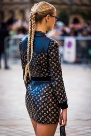 back, back detail, black jacket, black skirt, braid, hairstyle, jacket, leather jacket, leather skirt, logo print, mini skirt, printed jacket, printed skirt, Regina Anikiy, skirt, fashion week, frenchystyle, FW, jonathan paciullo, street style, PFW, PARIS, SPRING SUMMER 2022, SS 22, vertical, atmosphere details