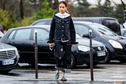 atmosphere details, AUTUMN WINTER 2017-2018, AW 17-18, black denim, black jacket, denim jacket, denim pants, earrings, FALL WINTER 2017-2018, fashion week, frenchystyle, full length, FW, FW 17-18, gucci, horizontal, jeans, jonathan paciullo, leather shoes, PARIS, PFW, street style, trousers, white shirt