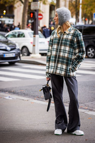 bag, balaclava, beanie, black bag, cagoule, Camille Charrière, checked jacket, flare pants, green jacket, grey hat, grey pants, hat, hermes bag, jacket, large pants, leather bag, pants, print, sneakers, tartan print, white sneakers, wool beanie, zipped jacket, fashion week, frenchystyle, FW, jonathan paciullo, street style, PFW, PARIS, SPRING SUMMER 2022, SS 22, vertical, full length