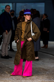 bag, brown jacket, camel knitwear, color, corduroy pants, flare pants, fluo pink pants, hat, jacket, knitwear, long jacket, pants, purple hat, raincoat, white bag, fashion week, frenchystyle, FW, jonathan paciullo, street style, PFW, PARIS, SPRING SUMMER 2022, SS 22, vertical, full length