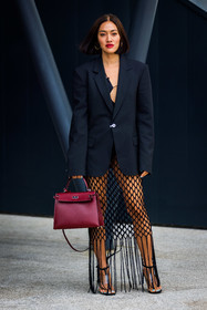 bag, black blazer, black sandals, black skirt, blazer, burgundy bag, fishnet skirt, fringes, hermes bag, kelly bag, sandals, skirt, Tiffany Hsu, PARIS, PFW, fashion week, frenchystyle, FW, jonathan paciullo, street style, SPRING SUMMER 2022, SS 22, vertical, full length