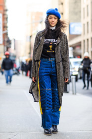 AUTUMN WINTER 2016-2017, AW 16-17, beret, black, black boots, black sweater, blue, blue denim, blue hat, brown, brown coat, denim pants, FALL WINTER 2016-2017, fashion week, frenchystyle, full length, FW, FW 16-17, high heels, jeans, jonathan paciullo, kaki bag, leather boots, NEW YORK, NYFW, patty lu, printed sweater, red, street style, trousers, vertical, white, woman, yellow