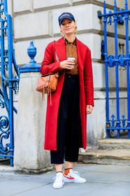 black cap, black pants, brown bag, brown shirt, earrings, fashion week, frenchystyle, fringes, full length, FW, jonathan paciullo, leather bag, leather shoes, LFW, loewe, LONDON, red coat, SPRING SUMMER 2018, SS 18, street style, trousers, vertical, white sneakers