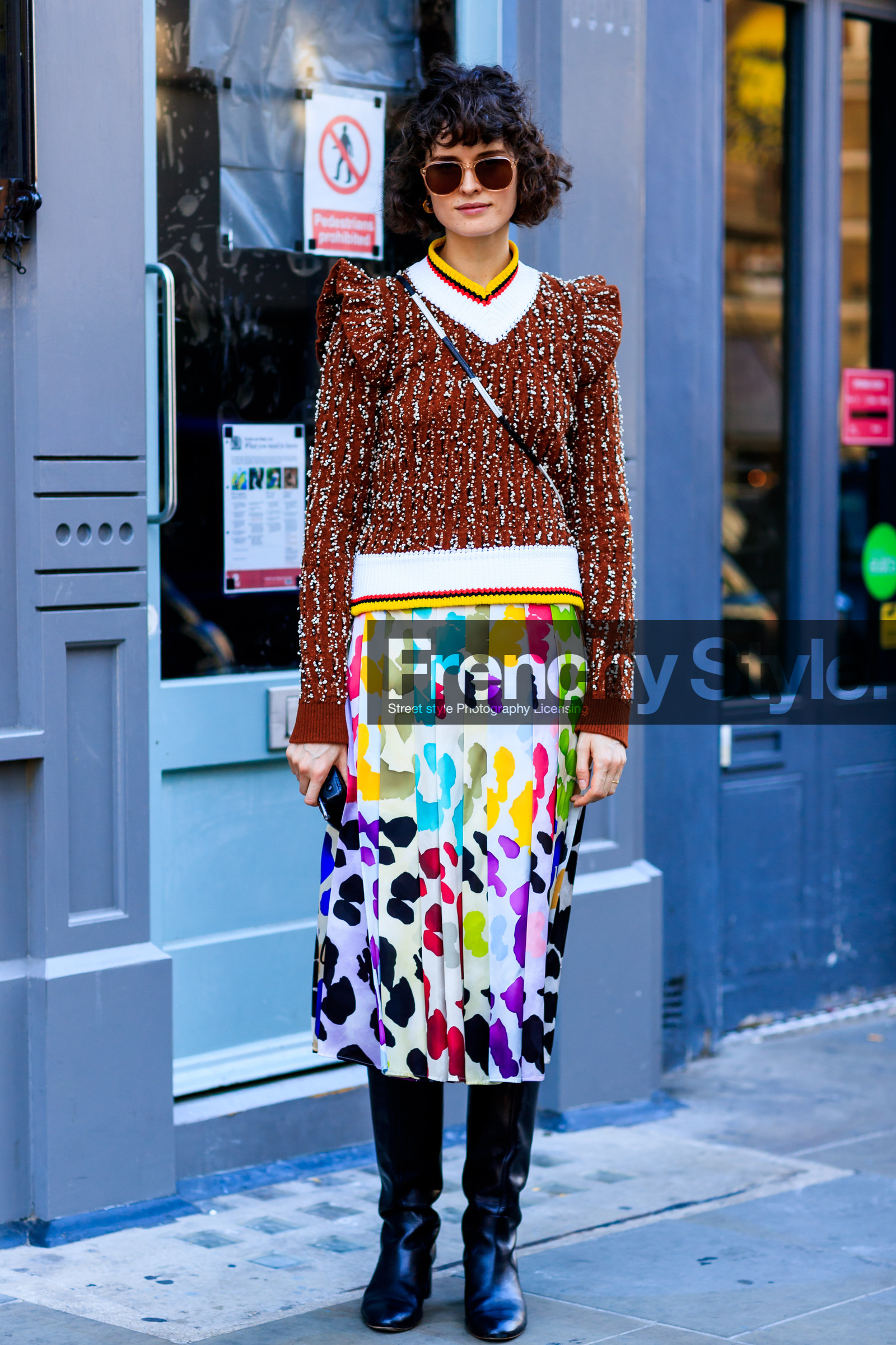 black shoes, chloe hill, floral, flowers, high boots, leather shoes, multicolor skirt, pleated skirt, red sweater, ruffles, sunglasses, fashion week, frenchystyle, FW, jonathan paciullo, street style, LFW, LONDON, SPRING SUMMER 2019, SS 19, vertical, full length