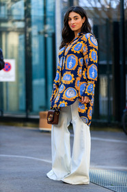blue shirt, brown bag, camélia jordana, chloé, leather bag, printed shirt, trousers, white pants, PARIS, PFW, street style, jonathan paciullo, FW, frenchystyle, fashion week, AUTUMN WINTER 2019-2020, AW 19-20, FALL WINTER 2019-2020, FW 19-20, vertical, full length