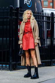 leonie hanne, red leather dress, belted dress, beige trench coat, black leather boots, black polish bag, chelsea boots, flat boots, button dress, longchamp bag, longchamp dress, fashion week, frenchystyle, FW, jonathan paciullo, street style, FALL WINTER 2020-2021, AUTUMN WINTER 2020-2021, FW 20-21, vertical, full length, NYFW, NEW YORK