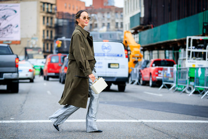 blue pants, graphic pants, green jacket, necklace, printed pants, striped pants, striped shirt, sunglasses, trousers, white shirt, street style, jonathan paciullo, FW, frenchystyle, fashion week, NYFW, NEW YORK, AUTUMN WINTER 2018-2019, AW 18-19, FALL WINTER 2018-2019, FW 18-19, atmosphere details, horizontal, full length, Chriselle Lim