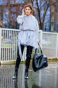 AUTUMN WINTER 2017-2018, AW 17-18, black bag, black shoes, blue shirt, FALL WINTER 2017-2018, fashion week, frenchystyle, full length, FW, FW 17-18, graphic shirt, high boots, high heels, jonathan paciullo, leather bag, leather shoes, PARIS, PFW, printed shirt, street style, striped shirt, trousers, varnished leather shoes, vertical