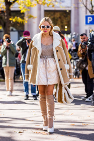 beige coat, beige knitwear, beige socks, camel bag, camel coat, coat, fluffly bag, fluffly coat, knitwear, miu miu look, quilted skirt, sandals, skirt, socks, sunglasses, Tina Leung, white sandals, white skirt, white sunglasses, wool socks, fashion week, frenchystyle, FW, jonathan paciullo, street style, PFW, PARIS, SPRING SUMMER 2022, SS 22, vertical, full length