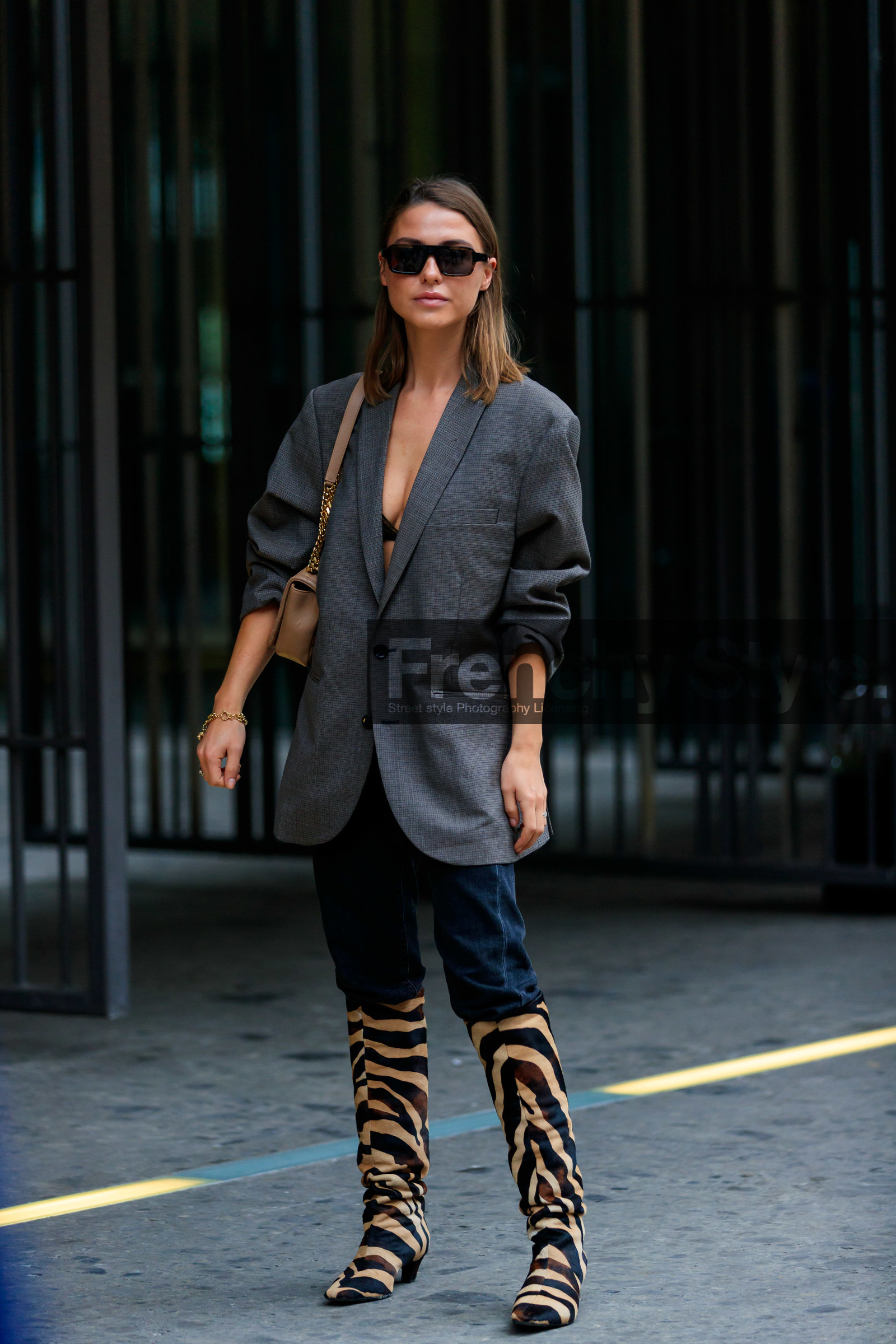 sophia roe, grey jacket, checked jacket, oversize jacket, blue jeans, denim, square shape glasses, scale sunglasses, animal printed boots, beige boots, high boots, fashion week, frenchystyle, FW, jonathan paciullo, street style, MFW, MILAN, SPRING SUMMER 2020, SS 20