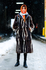 AUTUMN WINTER 2017-2018, AW 17-18, backpack, black boots, brown coat, brown fur, FALL WINTER 2017-2018, fashion week, fendi, frenchystyle, full length, Fur coat, FW, FW 17-18, hoodie, jonathan paciullo, leather boots, model, NEW YORK, NYFW, orange sweater, street style, vertical, white scarf