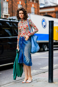 blue bag, blue denim, denim skirt, fashion week, floral, flower, frenchystyle, full length, FW, green jacket, jonathan paciullo, leather bag, LFW, LONDON, printed top, SPRING SUMMER 2017, SS 17, street style, studs, vertical, woman