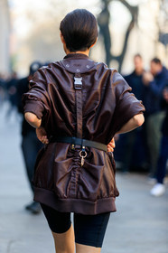 black belt, black shorts, bordeaux, brown jacket, burgundy, fendi, leather belt, leather jacket, MILAN, MFW, fashion week, frenchystyle, FW, jonathan paciullo, street style, AUTUMN WINTER 2019-2020, AW 19-20, FALL WINTER 2019-2020, FW 19-20, vertical, atmosphere details, detail