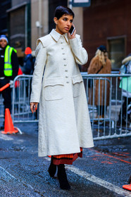 AUTUMN WINTER 2017-2018, AW 17-18, black boots, deena abdulaziz, FALL WINTER 2017-2018, fashion week, frenchystyle, full length, FW, FW 17-18, jonathan paciullo, leather boots, NEW YORK, NYFW, street style, vertical, white coat