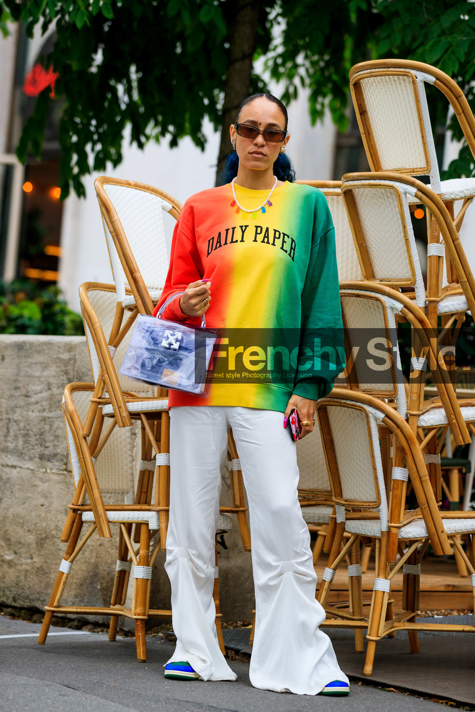 tie and dye sweatshirt, red sweatshirt, yellow sweatshirt, green sweatshirt, white pants, flare pants, sheer bag, plastic bag, hand bag, off white bag, pearl necklace, multicolor necklace, lucky charm necklace, hera pradel, fashion week, frenchystyle, FW, jonathan paciullo, street style, PFW, PARIS, SPRING SUMMER 2022, SS 22, vertical, full length
