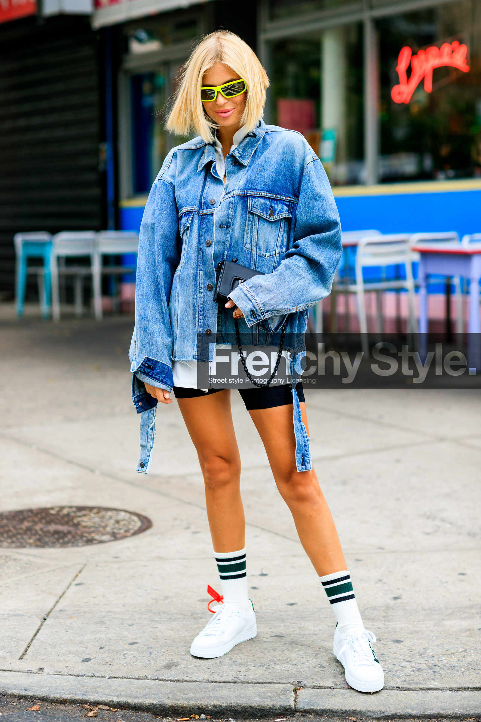 adidas, black bag, black shorts, blue denim, christian dior, denim jacket, leather bag, leather shoes, off white, sunglasses, white sneakers, white socks, xenia adonts, street style, jonathan paciullo, FW, frenchystyle, fashion week, NYFW, NEW YORK, SPRING SUMMER 2019, SS 19, vertical, full length