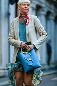blazer, blue bag, elisa nalin, graphic skirt, grey sweater, leather bag, pink jacket, printed skirt, red scarf, sunglasses, MILAN, MFW, fashion week, frenchystyle, FW, jonathan paciullo, street style, AUTUMN WINTER 2019-2020, AW 19-20, FALL WINTER 2019-2020, FW 19-20, vertical, atmosphere details, detail