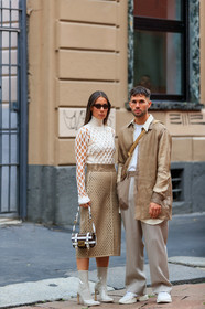 alice & j.s, alice barbier, JS roques, beige total look, beige jacket, beige pants, beige skirt, white top, white leather boots, polish boots, high heels boots, low boots, long sleeves top, openwork top, openwork skirt, mid long skirt, high collar top, fendi bag, monogrammed bag, white leather bag, brown leather bag, futurist shape sunglasses, scale sunglasses, mix and match look, fendi boots, fendi shirt, fendi skirt, fendi top, fendi look, fashion week, frenchystyle, FW, jonathan paciullo, street style, MFW, MILAN, SPRING SUMMER 2020, SS 20