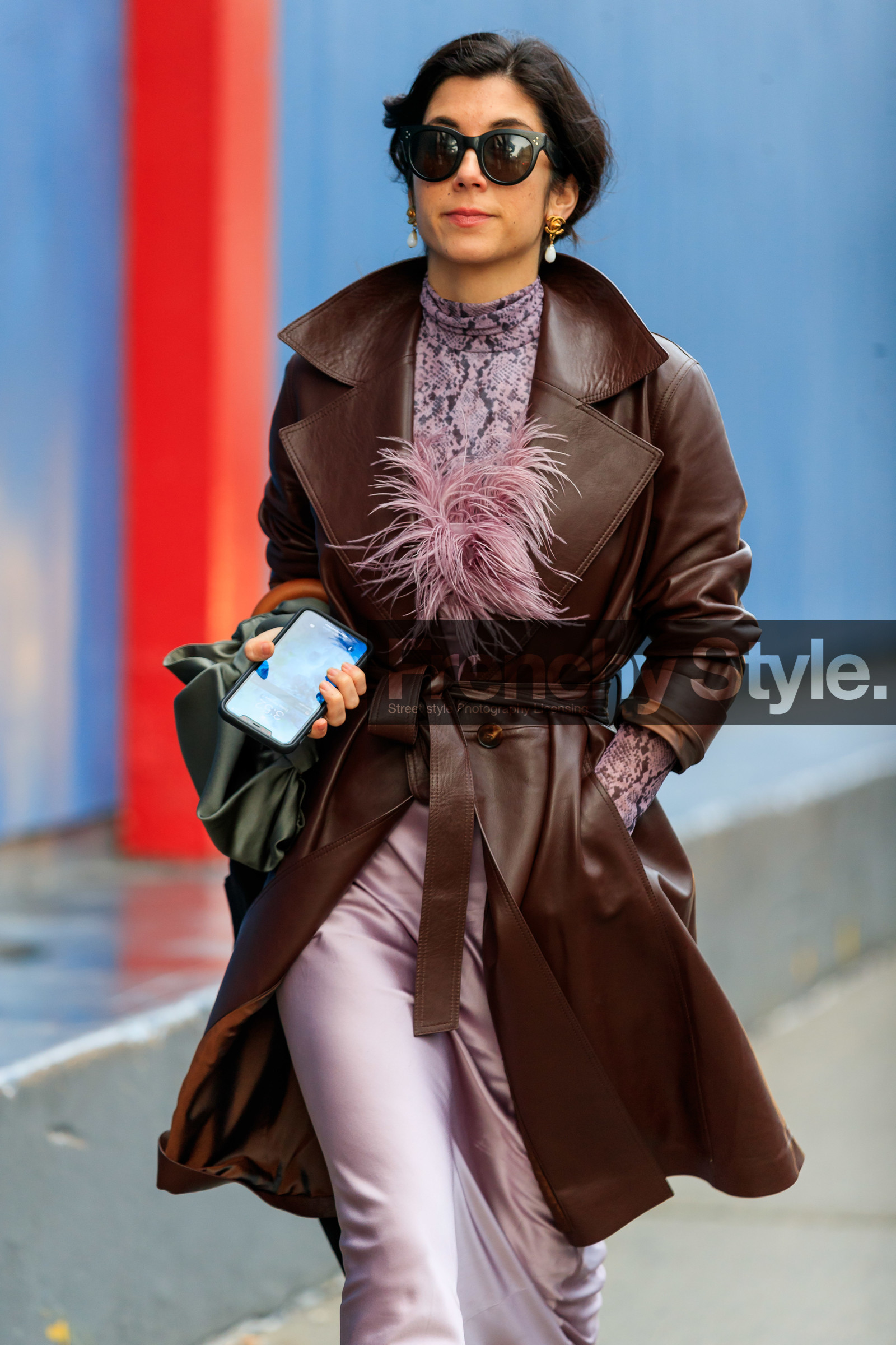 chanel earrings, dangling earrings, pearl earrings, feather details, lilac skirt, lilac top, brown leather coat, brown leather jacket, belted coat, belted jacket, animal print top, high collar top, silk skirt, long skirt, fashion week, frenchystyle, FW, jonathan paciullo, street style, AUTUMN WINTER 2020-2021, FALL WINTER 2020-2021, FW 20-21, vertical, atmosphere details, detail, NYFW, NEW YORK