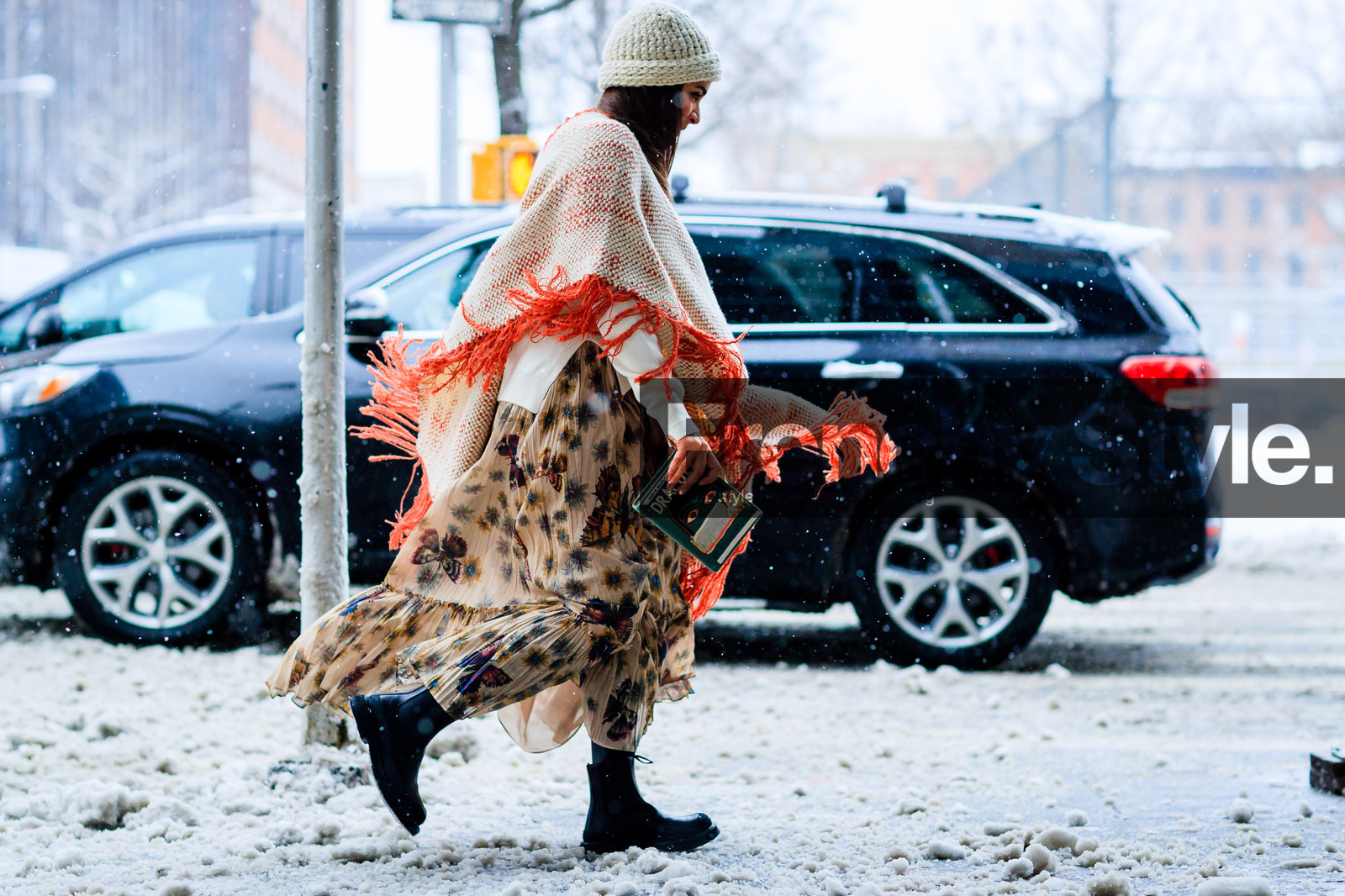atmosphere details, AUTUMN WINTER 2017-2018, AW 17-18, beige skirt, black boots, embroidered bag, FALL WINTER 2017-2018, fashion week, frenchystyle, full length, FW, FW 17-18, graphic bag, horizontal, jonathan paciullo, laure heriard dubreuil, leather boots, NEW YORK, NYFW, olympia le tan, printed bag, printed skirt, red dress, street style, white beanie, white sweater