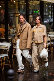 beige blazer, beige sneakers, blazer, brown scarf, denim, Jean Sebastien Roques, lanvin look, large pants, menswear, orange scarf, pants, print, printed scarf, scarf, sneakers, white denim, white pants, fashion week, frenchystyle, FW, jonathan paciullo, street style, PFW, PARIS, SPRING SUMMER 2022, SS 22, vertical, full length