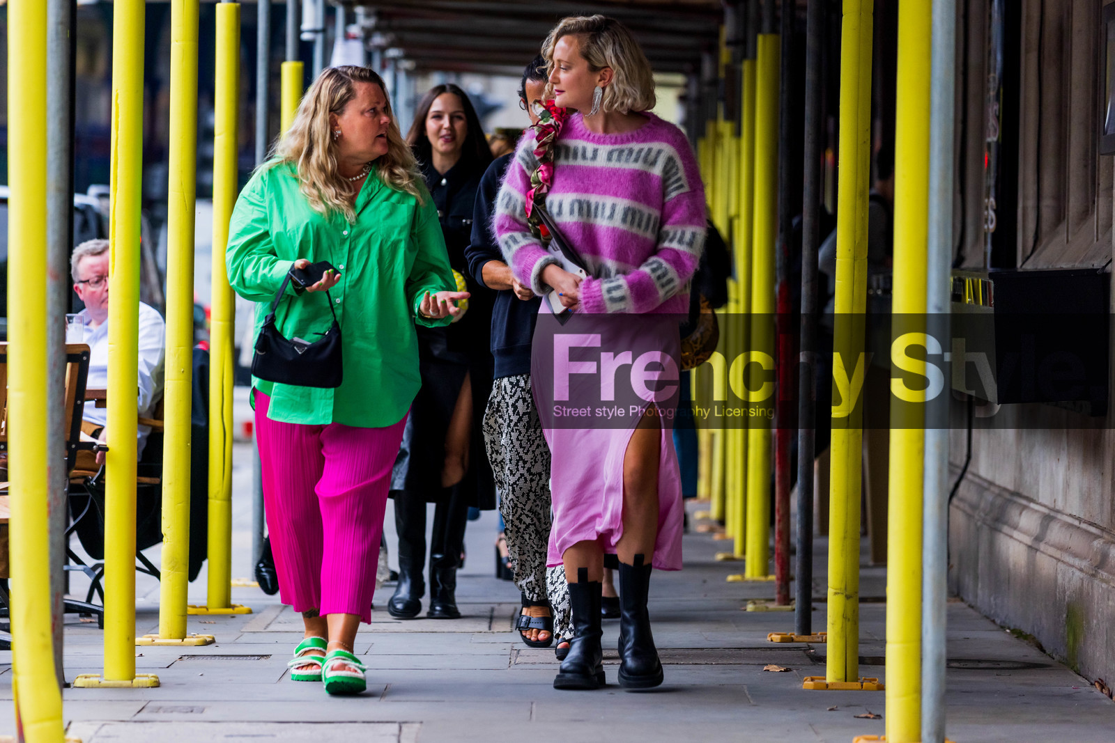 colorful, miu miu, silk, jumper, midi skirt, trousers, green, green shirt, nylon prada, prada, boots, sandals, fashion week, frenchystyle, FW, jonathan paciullo, street style, SPRING SUMMER 2022, SS 22, LFW, LONDON, horizontal, full length, atmosphere details